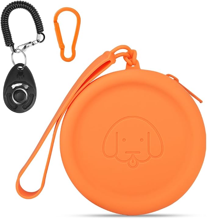 WALLFID Silicone Dog Treat Pouch Small Bag,with Pet Training Clicker,Walking Bag for Dog and Cat, Pocket Size, Easy to Clean, Odorless, Zipper Design,Moisture-Proof,Travel Walking Bag.(Orange)