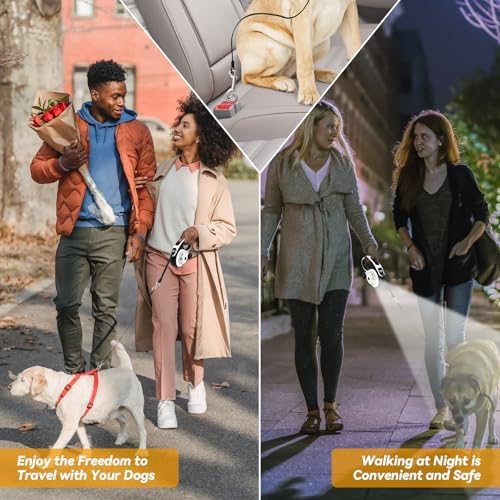 26ft Retractable Dog Leash for Large Dogs Up to 110lbs, LED Light, White