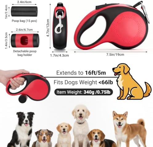 Segarty 16 Ft Retractable Leash with Waste Bag Dispenser, 5m Dog Leash Anti-Slip Handle and 360°Tangle-Free Retraction for Pets up to 66 lbs, Dogs Walking Accessories with One-Handed Brake Pause Lock