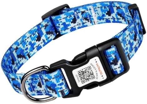 Personalized Dog Collar with QR Code Dog Tag, Camo Blue L
