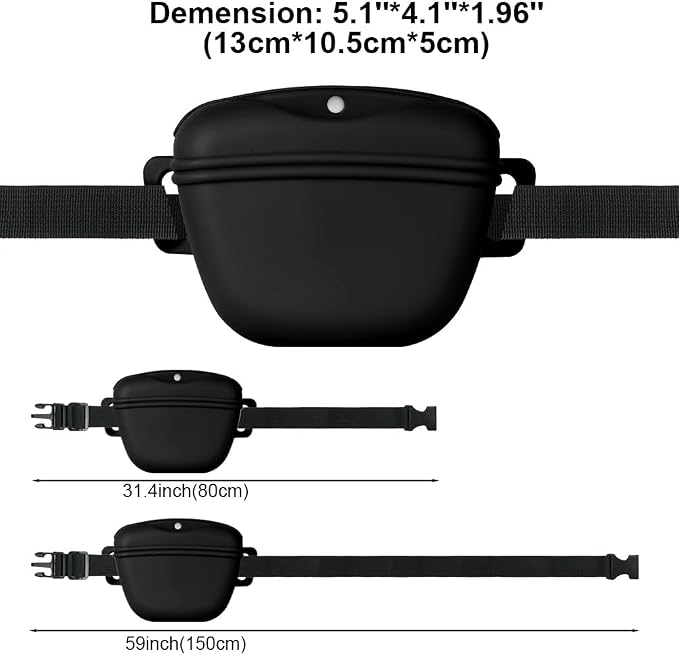 AOMIG Dog Treat Pouch with Training Clicker, 1.67 Cup Silicone Dog Treat Bag with Stronger Magnetic Closure, Portable Pouches for Pet Training Walking Premium Fanny Pack with Waist Belt(Black)