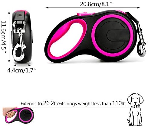Segarty 26ft Dog Leash Retractable, 8m Dog Leads Long for Medium Large Breed Pets 44-110Lbs, No Tangle Nylon Tape and 1 Button Break & Lock Heavy Duty Leash for Training Running, Pink