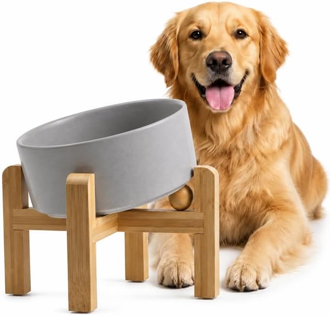 hjn Elevated Ceramic Dog Bowl 15°Slanted Raised Dog Bowl with Bamboo Stand for Small Medium Dogs and Cats, Pet Feeder -7.6-Cup (1800ml)-Gray