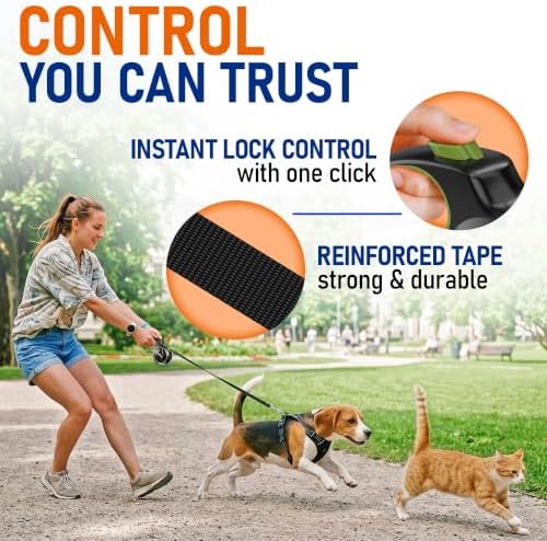 20.1 ft Retractable Dog Leash for Dogs 10–100 lbs - Heavy Duty Tape Leash with Strong Nylon Tape - 360° Swivel Control - One-Click Brake & Lock - Ergonomic Non-Slip Grip for Safe & Easy Daily Walks GR