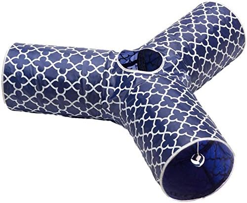 Cat Tunnel - Collapsible 3 Way Quatrefoil Play Toy - Tube Fun for Rabbits, Kittens, and Dogs - Quatrefoil Navy/White