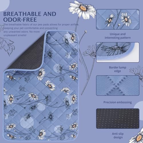 IEUUMLER Washable Pee Pads for Dogs, 2 Pack Non-Slip & Waterproof Pack Whelping Pad, Reusable Washable Puppy Potty Training Pad with Fast Absorbent for Playpen EU007 (Gray Blue Daisy, 36"X24"-2pcs)