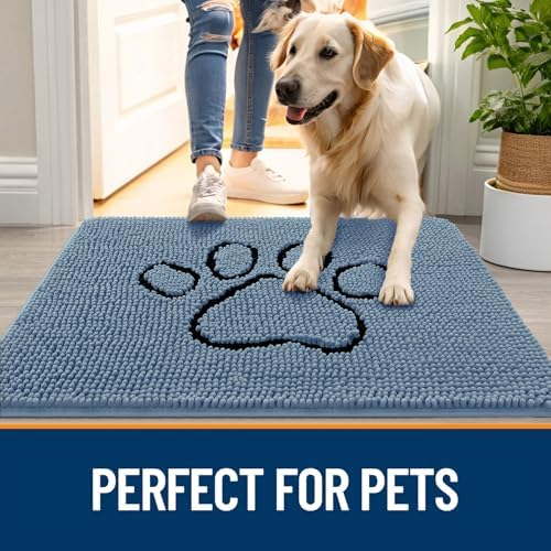 OLANLY Dog Door Mat for Muddy Paws 30x20, Paw Print Design Chenille Mud Mat
