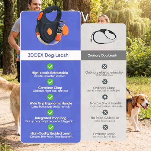 Retractable Dog Leash 16FT for Small & Medium Dogs, Sturdy Heavy-Duty Nylon Tape with Secure Locking Carabiner & Poop Bag Holder, Smooth One-Hand Control, Anti-Slip Handle, Tangle-Free Design (Black)