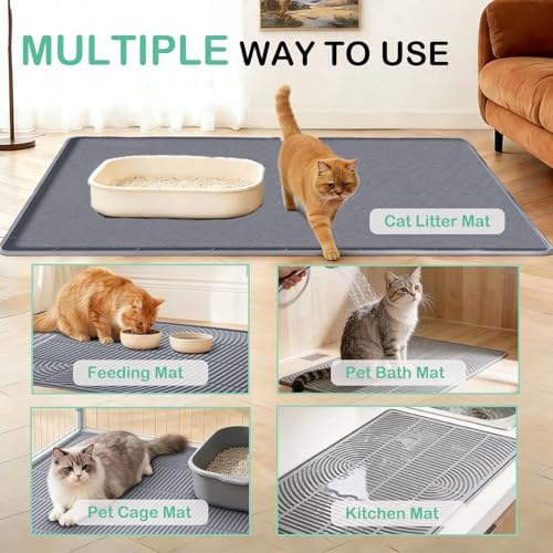 SORKUT Cat Litter Mat 34x22 Inch, Large Silicone Litter Box Mat for Floor Protection, Waterproof & Non-Slip, Soft for Cat Paws, Easy to Clean, Leak-Proof Edge, Gray