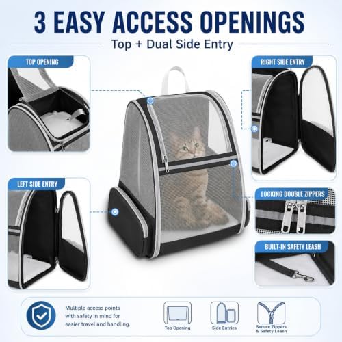 Cat Carrier Backpack for Cats and Small Dogs up to 15 lbs, Soft-Sided Foldable Pet Carrier with Breathable Mesh, Front Upper&Dual Side Entry, Support Frame, Hard Bottom for Vet Visits and Air Travel