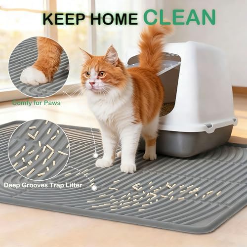 SORKUT Cat Litter Mat for Litter Box, 40x28 Inch Extra Large Silicone Litter Trapping Mat, Waterproof & Non-Slip Floor Protector, Soft on Kitty Paws, Easy to Clean & Durable, Gray