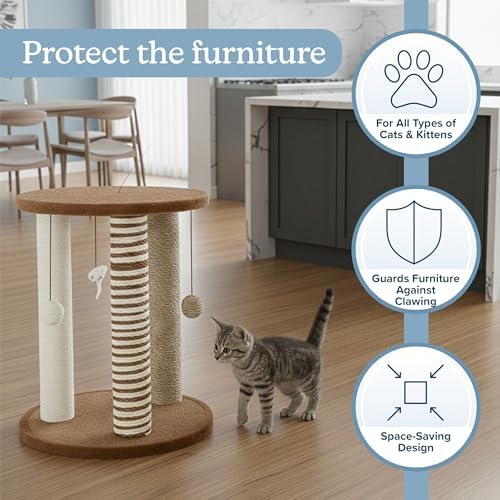 Cat Scratching Post - 3 Scratcher Posts with Carpeted Base Play Area and Perch - Furniture Scratching Deterrent for Indoor Cats by PETMAKER (Brown), Large