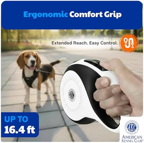 American Kennel Club Retractable Dog Leash, 16.4ft, Tangle-Free, Ergonomic Grip, One-Hand Brake, for Medium & Large Dogs up to 66