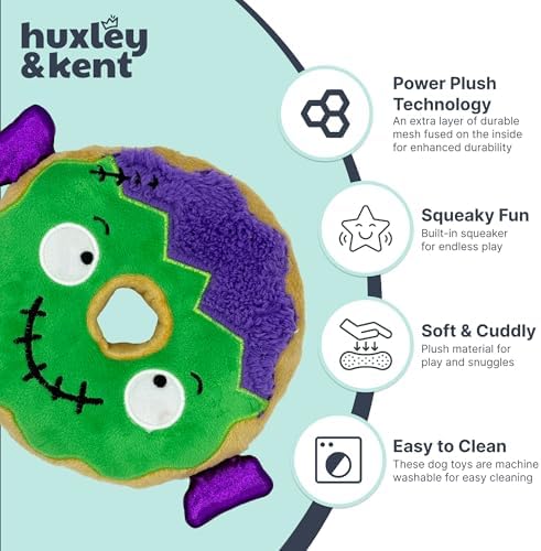 Huxley & Kent Halloween Funny Dog Toy w/Squeaker – Power Plush Squeaky Dog Toys for Small, Medium & Large Dogs – Soft Stuffed Animal for Indoor Play & Fetch - Frankenstein Donut, One Size