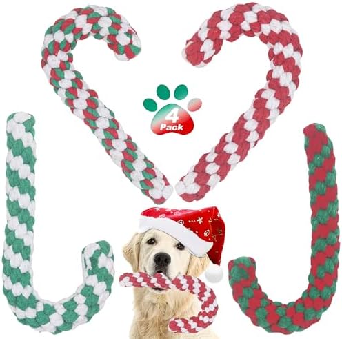 Christmas Dog Rope Toys, Christmas Cane Candy Rope Toy, 4 Packs Dog Interactive Chewing Toys for Puppy Small Medium Dogs Training Playing Teething Cleaning, for Dogs