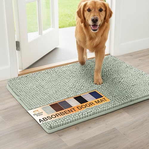 Neater Pets Muddy Paws Dog Door Mat 36” x 24” – Super Absorbent & Quick-Dry Chenille Doormat for Trapping Dirt, Water, Mud - Non-Slip & Machine Washable Pet Rugs for Entryway, Indoor Mud Mats, Green