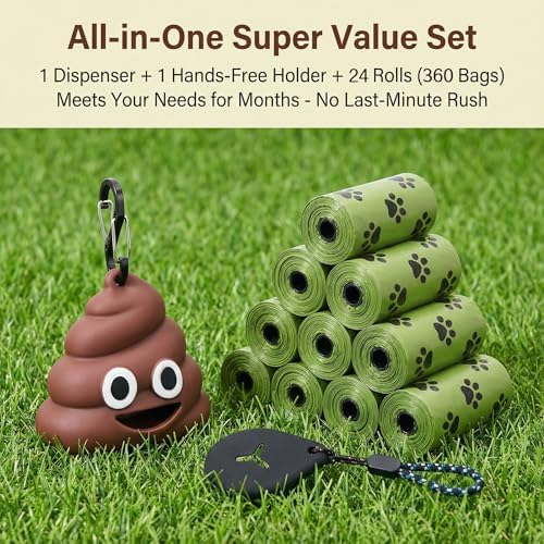 QMEAKMONY Dog Poop Bag Set with Funny 3D Poop Dispenser - 360 Bags (24 Rolls, 15 pcs/Roll), Scented Odor-Neutralizing, Hands-Free holder for Leash/Backpack, Meets Months of Use. (360 Counts)