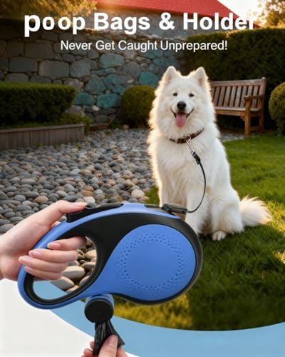 dyTrek 26 ft Retractable Dog Leash for Large Dogs with Bag Dispenser Blue