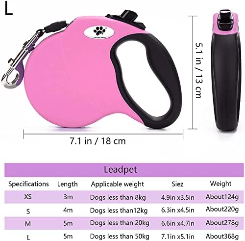 16 ft Retractable Dog Leash for Large Dogs up to 110 lbs,Tangle-Free Nylon Tape,Pink L