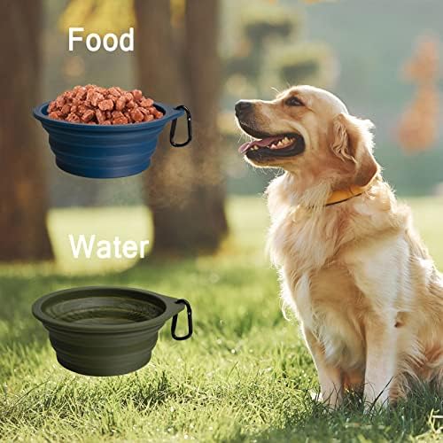 PetBonus 2-Pack Silicone Collapsible Dog Bowls, BPA Free Dishwasher Safe, Portable Foldable Expandable Travel Bowl, Food Water Feeding Cup Dish for Dogs Cats with 2 Carabiners (Army Green, Navy Blue)