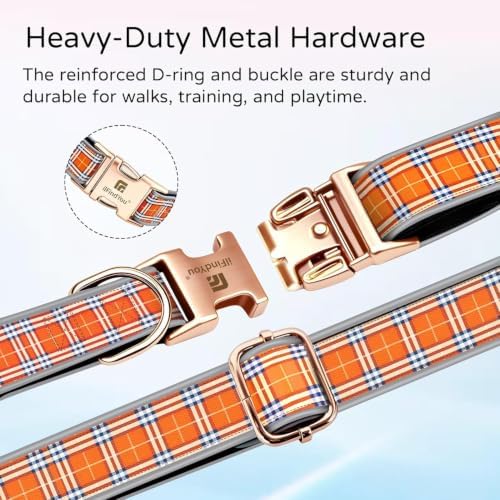 Reflective Plaid Dog Collar for Small Dogs, Orange-S