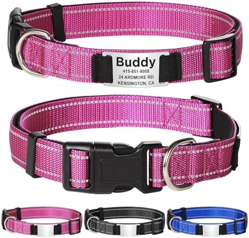 Personalized Dog Collars - Adjustable Reflective Dog Collar with Name Tag Engraved, Soft Neoprene Padded Breathable Nylon Dog Collar for Small/Medium/Large Dogs, Rose, S