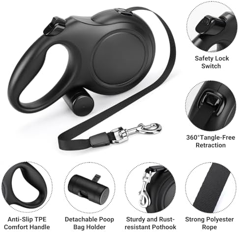 Segarty 26 Ft Walking Lead with Poop Bag Holder for Dogs 66 lbs - 110 lbs, 360°Tangle-Free Leash with Anti-Slip Handle & One-Handed Brake Pause Lock, 8m Retractable Leash for Dog Pets Outside Activity