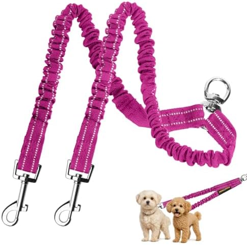 MingXpet 2 Dog Leash, Dog Leash for 2 Dogs, 360° Swivel No Tangle Double Walking Training Leashes for Small Dogs, Comfortable Shock Absorbing Reflective Bungee, Rose