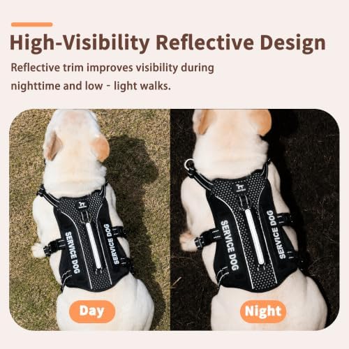 Huntboo Service Dog Vest Harness, Escape Proof Harness with 6 Patches, No-Pull, Reflective Harness with Handle, Adjustable for Small to Large Dogs, for Training and Hiking (Black, L)