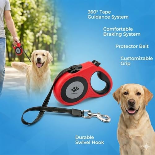 16 ft Retractable Dog Leash for Extra Large Dogs up to 130 lbs,Tangle-Free Nylon Tape,Red Dan24 XL