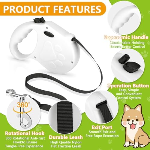 Retractable Dog Leash, 16ft Dog Walking Leash for Small Dogs up to 77lbs, Non-Slip Handle - White