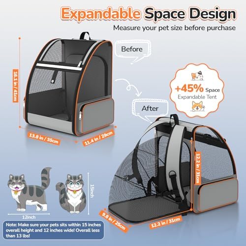 Cat Backpack Carrier Expandable for Outdoor - Foldable Cat Backpack with Breathable Mesh for Small Dog Puppy Kitten Up to 15 lbs - Soft Sided Pet Carrier for Travel Hiking Camping (Gray)