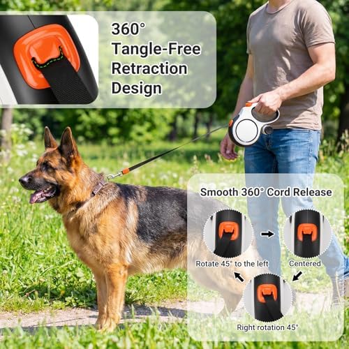 Segarty 26 Ft Walking Lead for Dogs 66 lbs - 110 lbs, 360°Tangle-Free 8m Retractable Long Leash with Detachable Poop Bag Holder for Pets Walk Outside, Anti-Slip Handle and One-Handed Brake Pause Lock