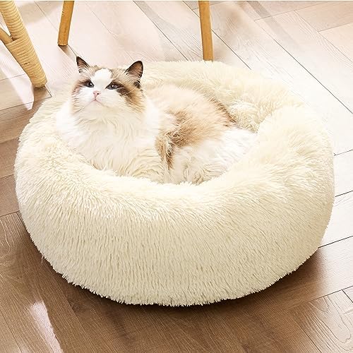 Bedsure Calming Cat Beds Donut Round Washable Kitten Bed,20 inches Cream