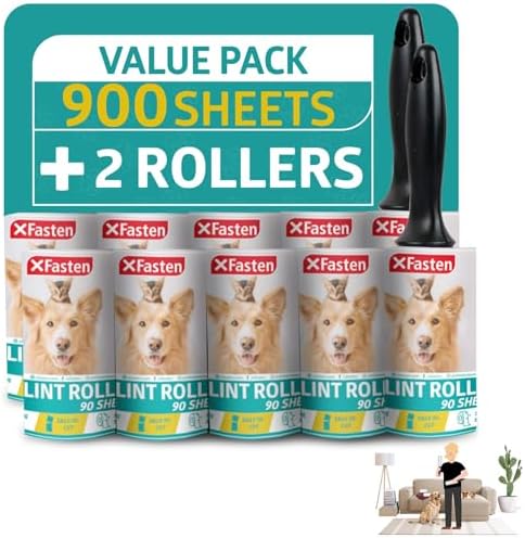 XFasten Lint Rollers for Pet Hair - Extra Sticky (900 Sheets/10 Refills/2 Upgrade Handles) Heavy Duty Portable Lint Remover Brush for Clothes, Dog Cat Furniture