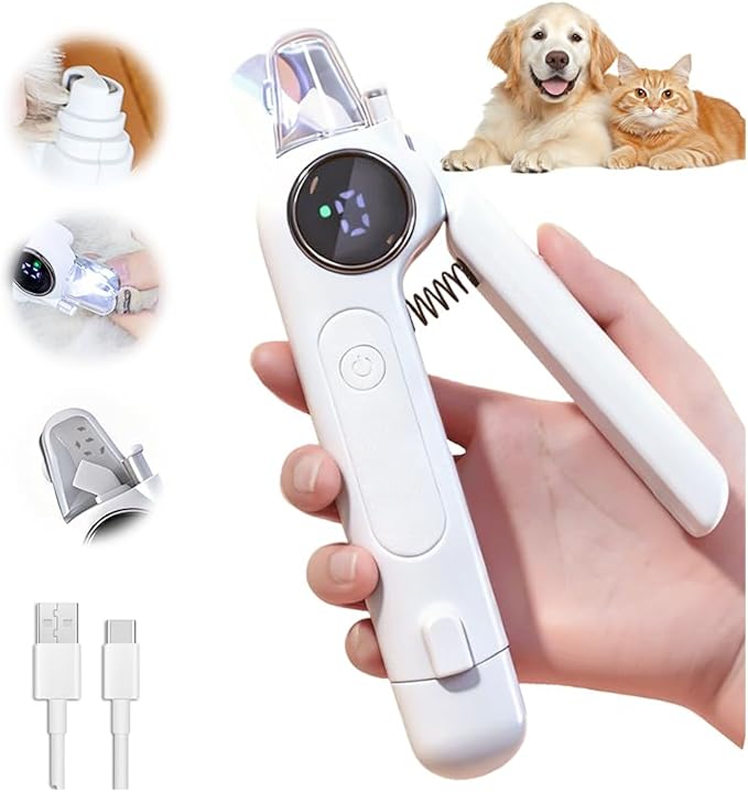 Dog Electric Nail Clippers & Grinder with Light, Quiet Cats Nail Trimmer | Large Medium Small Dogs & Cats - Painless Grooming Tool, 3 Speeds, Rechargeable, Splash Guard & Safety Lock(White)