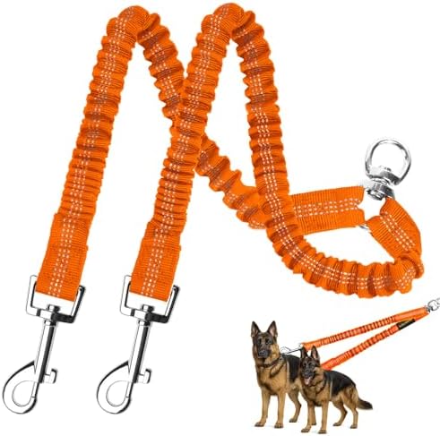 MingXpet 2 Dog Leash, Dog Leash for 2 Dogs, 360° Swivel No Tangle Double Walking Training Leashes for Large Dogs that Pull, Comfortable Shock Absorbing Reflective Bungee, Orange