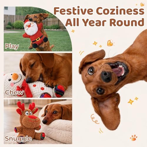 Dog Toys Set - 3 Pack Durable Squeaky Dog Toys for Small & Medium Dogs, Soft Plush Santa, Reindeer & Snowman Gift for Dogs