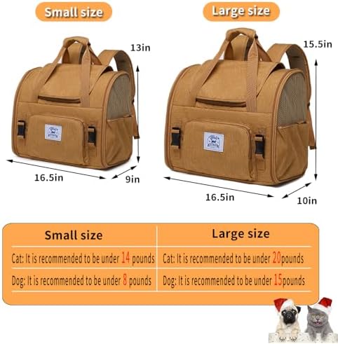 Pet Backpack Carrier for Small Dogs Medium Cats, Puppies,Breathable and Collapsible Design, Portable Travel Bag for Bearded Dragon,Rabbit Cage (Brown +Two-Shoulder, Small)