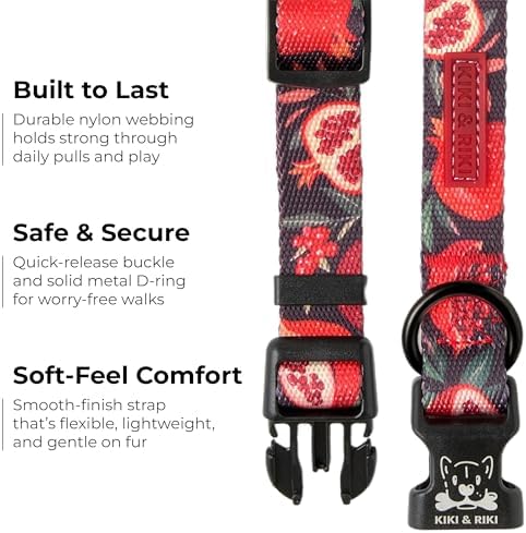 KIKI & RIKI Soft Nylon Dog Collar for Medium Dogs, Adjustable, Quick-Release Buckle, Size M (Neck 13.0-20.9"), Black & Red Artist-Designed Print