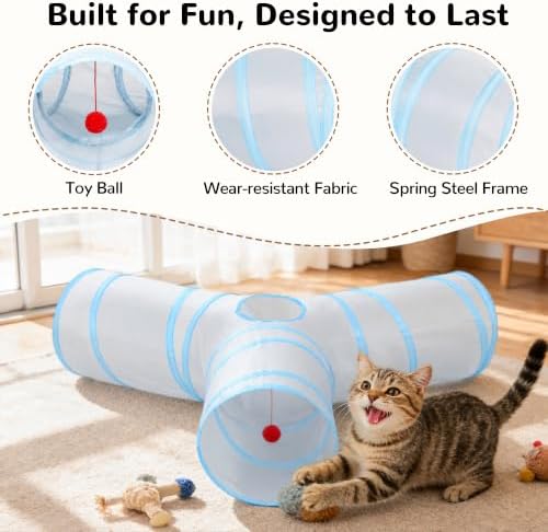 Tempcore Cat Tunnel, 3-Way Collapsible Toy, Large Size Light Grey & Blue