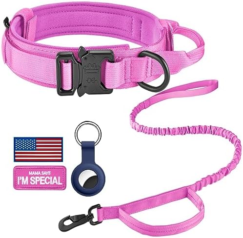DAGANXI Tactical Dog Collar, Adjustable Military Training Nylon Dog Collar with Control Handle and Heavy Metal Buckle for Medium and Large Dogs, with Patches and Airtags Case (L, Pink-Set)