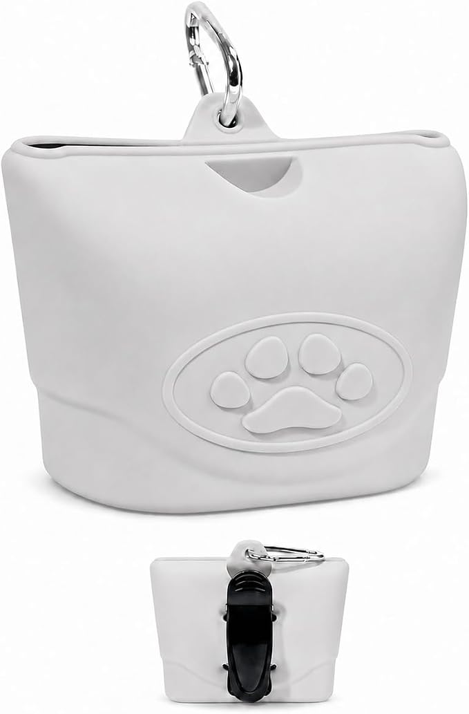 Upgraded Dog Treat Pouch with Strong Magnetic Closure - Small Silicone Training Bag, Waist-Mounted Clip & Leash Carabiner, Airtight Portable Treat Bag (Light Gray)