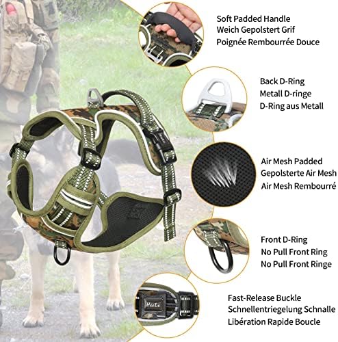 HEELE Dog Harness, No Pull Adjustable Padded Reflective Harness for Small Medium Large Dogs with Handle for Walking Training, Camo Green, S