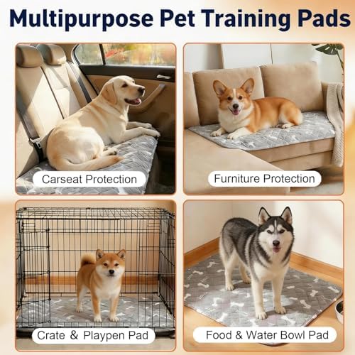 Puppy Pads with Pheromones, Washable Pee Pads for Dogs Potty Training, Reusable Dog Mat with Pet Hair Removal Gloves for Playpen, Crate, Whelping Box (Gray,L)