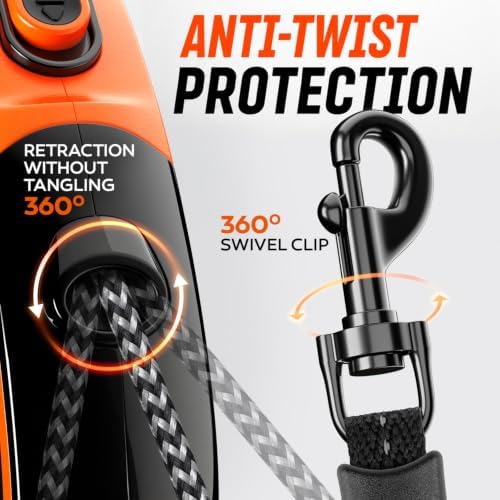 22.6 FT Retractable Dog Leash for Dogs 5-110 lbs–Reflective Leash with Reinforced Tape & Strong Cord–Quick Lock Button–360° Swivel System–Stainless Steel Spring–Comfortable Anti-Slip Handle OR