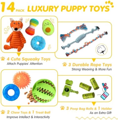 Zeaxuie 14 Pack Puppy Toys for Teething Small Dogs, Puppy Chew Toys with Cute Squeaky Dog Toys, Ball and More Rope Dog Chew Toys