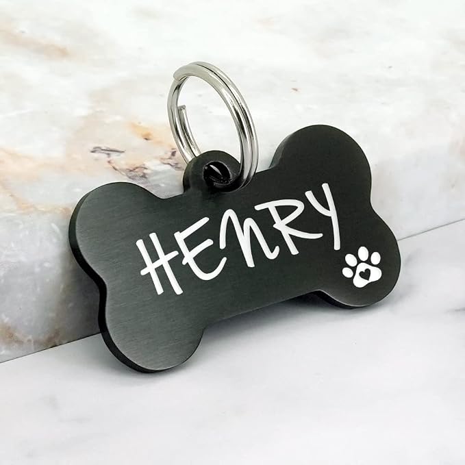 Ultra Joys Personalized Dog Tags for Pets - Durable Stainless Steel Customizable Dog Cat ID Tags - Dog Tags for Safety Optional Engraved on Both Sides -Bone Shape Dog Tag Large Size, Black
