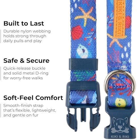KIKI & RIKI Soft Nylon Dog Collar for Medium Dogs, Adjustable, Quick-Release Buckle, Size M (Neck 13.0-20.9"), Blue Artist-Designed Print