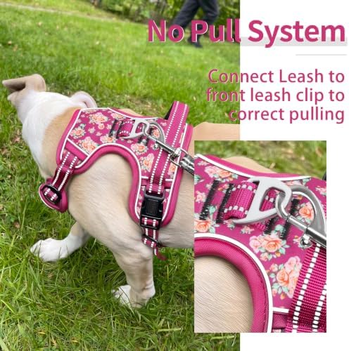 HEELE Large Dog Harness, Reflective, No Pull No Choke, Flower Rose, XL